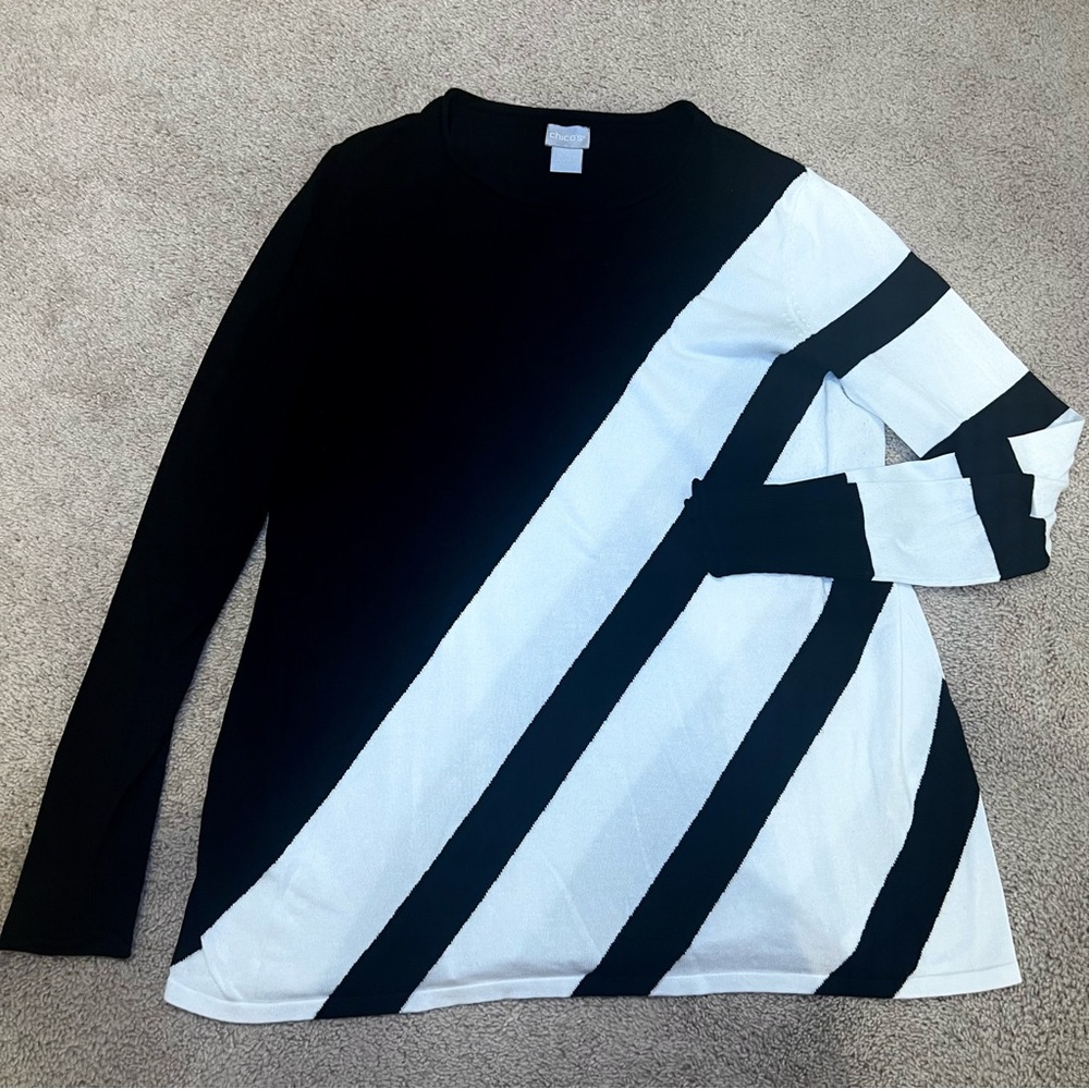 Chico’s | Black + White Diagonal Stripe Long Sleeve Crewneck Sweater